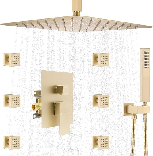 Rain Shower System, 16 Inch Ceiling Mounted Shower Faucet, Shower Combo Set with Rain Shower, Handheld Shower Head, 6 Massage Body Sprays and Pressure Balance Valve Kit