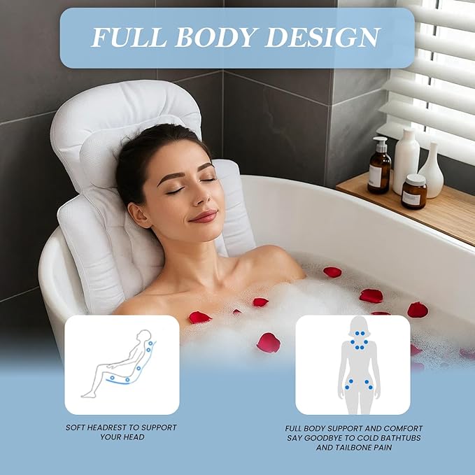 Bath Pillow for Tub | 4D Air Mesh Fabric - Plush Bathtub Pillow for Neck & Back Support, Hot Tub Pillow with 6 Non-Slip Suction Cups | Spa Pillow for Relaxation and Comfort (White). (Full Body White)