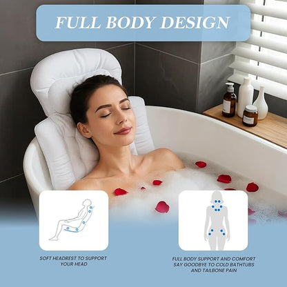 Bath Pillow for Tub | 4D Air Mesh Fabric - Plush Bathtub Pillow for Neck & Back Support, Hot Tub Pillow with 6 Non-Slip Suction Cups | Spa Pillow for Relaxation and Comfort (White). (Full Body White)