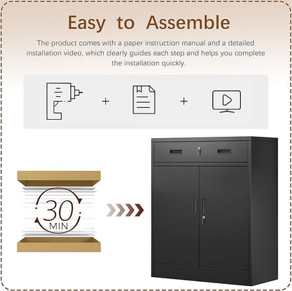 Metal Storage Cabinet, 36 Inch Tall Metal Storage Cabinet with Doors and Shelves, Pantry Cabinets with Drawer for Kitchen Storage, Garage Cabinet for Living, Dining Room, Assemble Required.