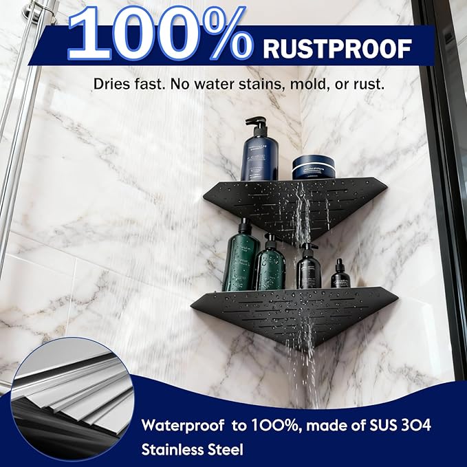 Corner Shower Shelf, 10" Brushed 304 Stainless Steel Slot Design Recessed Shower Shelves Corner Shelves Bathroom Grout in Shelf for Tiled Wall Black