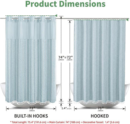 Boho Farmhouse No Hook Shower Curtain Set with Snap-in Fabric Liner,Heavy-Duty Linen Textured Rustic Striped Design,Water-Repellent with Tassels and Sheer Window,Fog Blue,71x74