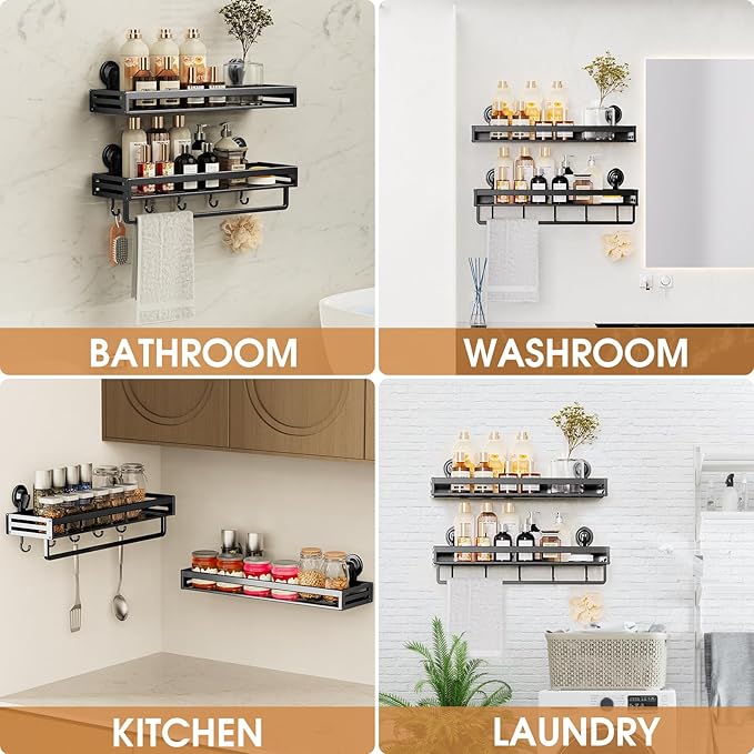Shower Caddy Suction Cup, 15.8 inch Suction Shower Shelf with Hooks NO-Drilling Bathroom Holder, Rustproof Bathroom Organizer, Black