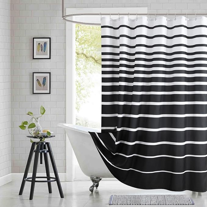 Black Shower Curtain, Modern Black and White Stripe Waterproof Polyester Shower Curtains for Bathroom, 72x72 Inches