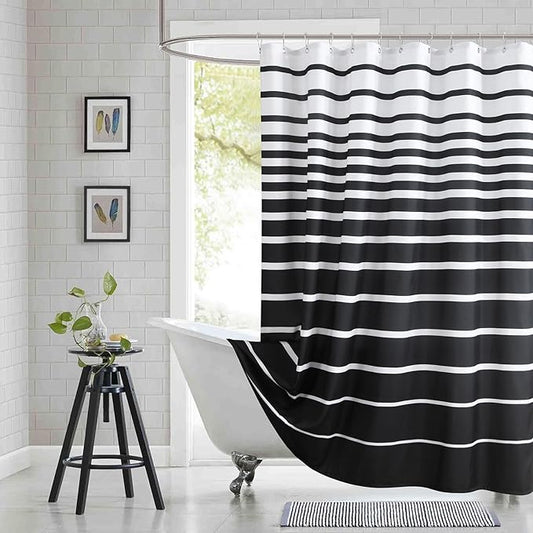 Black Shower Curtain, Modern Black and White Stripe Waterproof Polyester Shower Curtains for Bathroom, 72x72 Inches