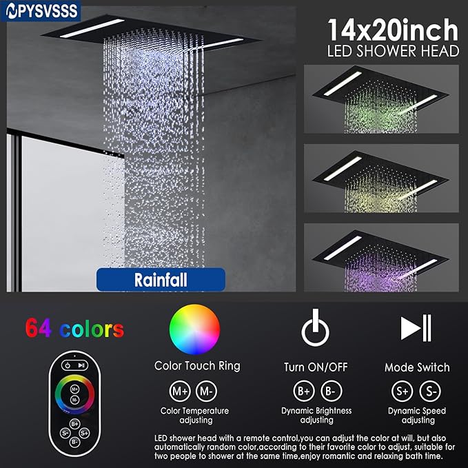 Thermostatic Shower System with 14x20 Inch Ceiling Mount LED Head & 6 Inch Wall Head and Handheld Shower 4 Function Vale with body jets Can All Run Together, Matte Black