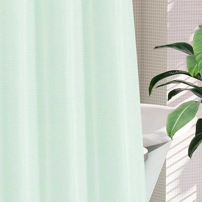 MitoVilla No Hooks Needed Extra Long Shower Curtain Liner Set, Green 86 inch XL Heavyweight Waffle Fabric Cloth Shower Curtains Set with Snap-in Liner for Modern Luxury Hotel & Spa Bathroom Decor