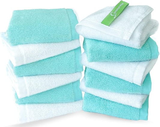 Washcloths 12 Pack 33 x 33 cm - Soft Face Cloths for Your Facial Towel, Wash Cloths for Your Body (White + Teal)