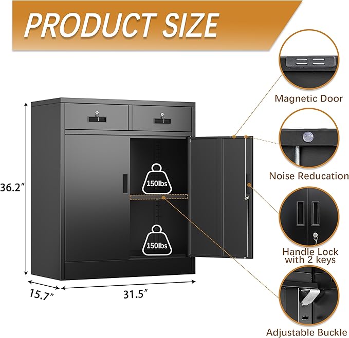 Metal Storage Cabinet with 2 Drawers and Shelves,36"H Locking Kitchen Storage Cabinets,Adjustable Shelf File Cabinet with Doors for Home Office, Garage,Laundry Room,Basement,Utility Room-Black