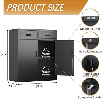 Metal Storage Cabinet with 2 Drawers and Shelves,36"H Locking Kitchen Storage Cabinets,Adjustable Shelf File Cabinet with Doors for Home Office, Garage,Laundry Room,Basement,Utility Room-Black