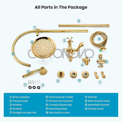 gotonovo Bathroom Classic Exposed Shower Faucet Wall Mount Shower System 8 Inch Luxurious Rainfall Shower Head Set with Tub Spout and Handheld Spray Double Cross Handles Polished Gold