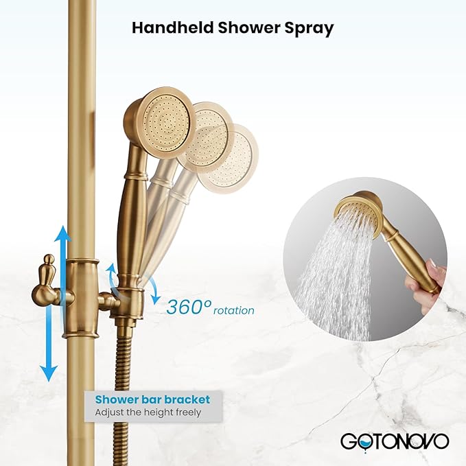 gotonovo Exposed Bathroom Shower System Classic Shower Kit 8 Inch Luxurious Rainfall Shower Head Handheld Spray Tub Filler Brass Pipe 3-Function Wall Mount Double Cross Knobs Antique Brass