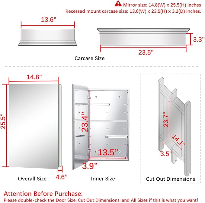 Fundin Bathroom Wall Cabinet with Half Cut Shelves,14.8 x 25.6 Stainless Steel Storage Cabinet, Bathroom/Living Room Medicine Cabinet
