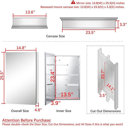 Fundin Bathroom Wall Cabinet with Half Cut Shelves,14.8 x 25.6 Stainless Steel Storage Cabinet, Bathroom/Living Room Medicine Cabinet