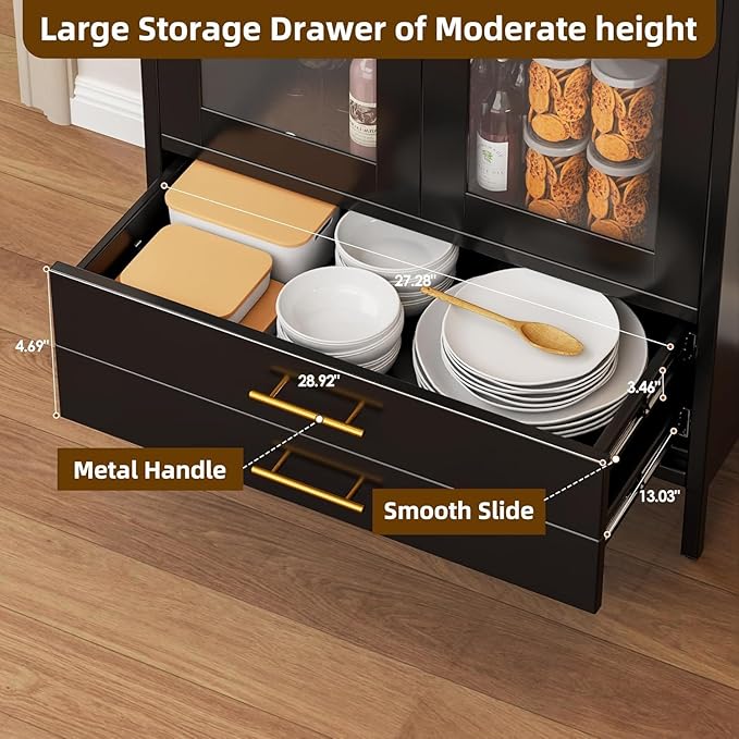 73''H Metal Arch Kitchen Pantry Cabinets, Arched Display Cabinet with Glass Doors&Drawers for Home Living Room, Assemble Required, Black