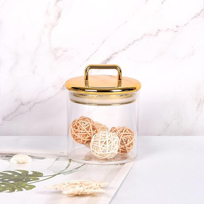 2 Pack 16 oz Small Acrylic Storage Apothecary Jar with Gold Airtight Lid | Bathroom Vanity Organizer Containers | Ideal Decorative Canisters for Shells, Bath Salt, Cotton Swabs, Cotton Ball