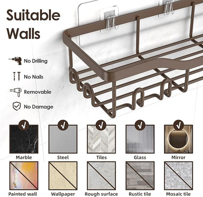 Shower Caddy Adhesive Shower Organizer 7-Pack, Rustproof Stainless Steel Bathroom Shelves, Large Capacity No-Drill Rack Storage Accessories with Soap Dish Toothbrush Holder Hooks (Brown)