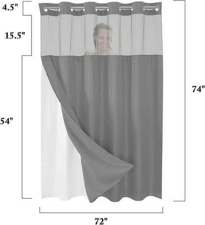 Gibelle No Hook Waffle Weave Shower Curtain with Snap-in Fabric Liner Set for Bathroom, Hotel Style with Mesh Top Window, Waterproof & Washable, Grey, 72x74