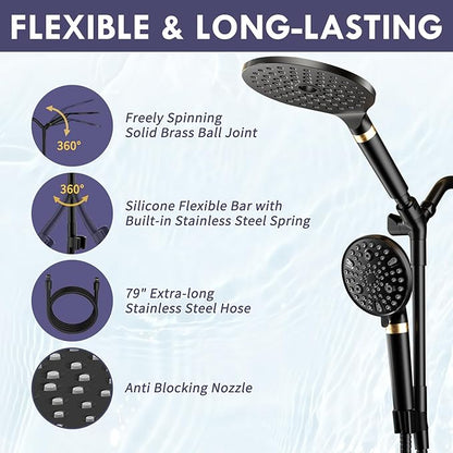 HOWUWEY Filtered Dual Shower Head with Handheld Spray Combo for Hard Water, 7.5-inch Modern High Pressure Shower Head with 9-mode Handheld and Filter, 79-inch Hose (Filtered, Matte Black)