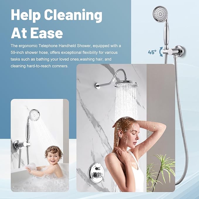 Antique Shower Head Faucet Set,Chrome Vintage Wall Mount Shower Faucets Combo With Handheld Spray,Bathroom Rainfall Shower System Trim Kit With Brass Pressure Balance Valve & 9''Shower Head
