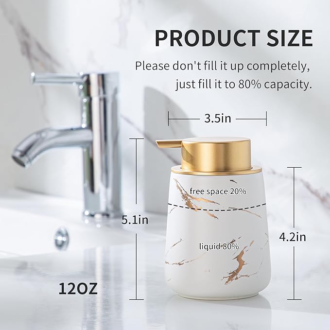 Enra Ceramic Gold Soap Dispenser,12 oz Marble Hand Liquid Soap Dispenser for Bathroom Kitchen Dispenser for Dish Soap with Easy-to-Press(Glod Liquid Type2)