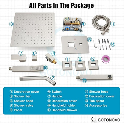 gotonovo Shower System with Tub Spout Wall Mounted Rain Shower Head and Handle Combo Shower Faucet Set with Valve, 8 Inch, Brushed Nickel