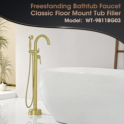 Freestanding Tub Faucets, Brass Freestanding Bathtub Faucet with Hand Shower, Floor Mount Tub Filler with Sprayer Brushed Light Gold（WT-9811BG03）