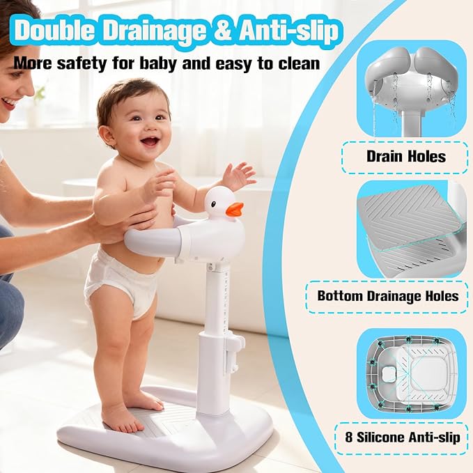 Adjustable Baby Shower Stand Support - Safety & Non-Slip Baby Bath Stand, Toddler Shower Stand for Infants 6-36 Months, Standing Bathtub Max 55 Lbs Capacity, Includes Shower Cap and Stool(Grey)