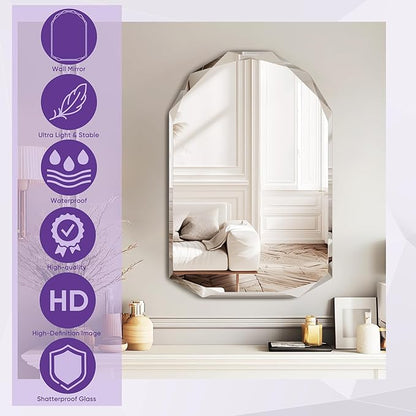Bathroom Mirror for Wall, 20" x 30" Arched Mirror, Bathroom Vanity Mirrors, Beveled Edge Frameless Wall Mount Vanity Mirrors, Wall Mirror Decorative, Irregular Beveled Edge Mirrors