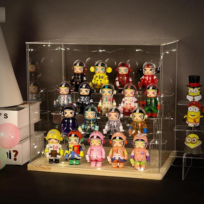 Choowin 4 Tier Clear Acrylic Display Case for Collectibles, Mini Figures, Pop Mart, Labubu, Sonny Angel, Smiski - Assemble Dustproof Acrylic Display Box with Door, Stand (Black Base, Clear Step)