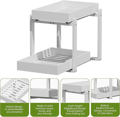 2 Pack Under Sink Organizer, Bamboo Wooden 2-Tier Pull-Out Storage with Sliding Drawers for Kitchen and Bathroom Cabinets, Easy Installation (White, 1 pack)