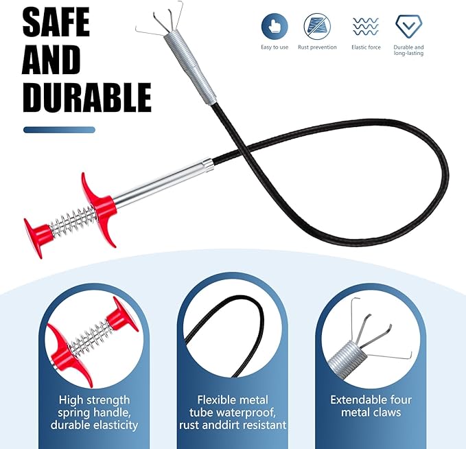 22 '' Flexible Grabber Claw (4 Claws), Drain Snake with Tweezers, Bendable Hose Grabber Reacher Tool, Retractable Drain Clog Remover Tool, Pickup Tool for Bath Tub, Toilet, Kitchen Sink & Sewer
