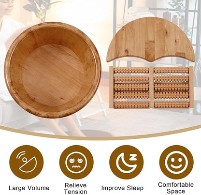Geelin 10.24 Inch Tall Wooden Foot Bath Bucket with Massage Roller and Lid, Thick Insulated Wooden Foot Basin for Relaxation, Massage Soles, Suitable for Families, Athletes and Elderly