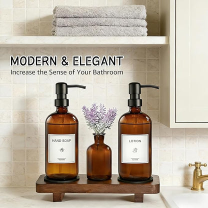 KEYWING Kitchen Soap Dispenser Set with Wood Tray, 16oz Amber Glass Soap Dispensers with Stainless Steel Pumps, Hand and Dish Soap Dispenser Set for Kitchen, Soap and Lotion Dispenser Set for Bathroom