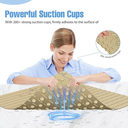 Shower Mat Non-Slip Bath Mat for Tub and Shower Stall,200+ Suction Cups with Drain Holes, Quick Dry Machine Washable, Extra Grip for Elderly and Baby, Bathroom Essentials 24x24 Inch (Brown)