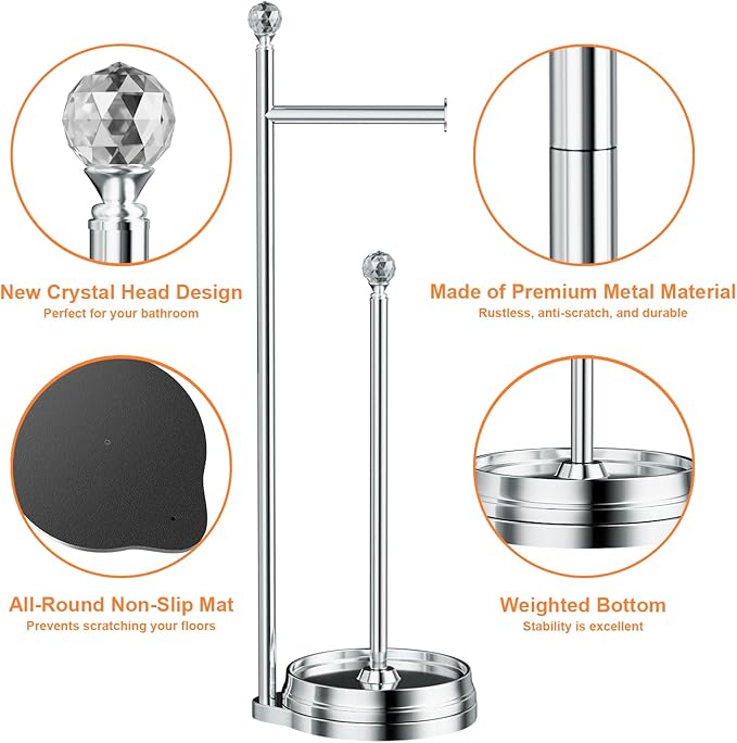 Toilet Paper Holder for Bathroom, Heavy Weighted Metal Free Standing Toilet Paper Holder Stand with Crystal Ball, Toilet Paper Roll Stand for Bathroom Accessories