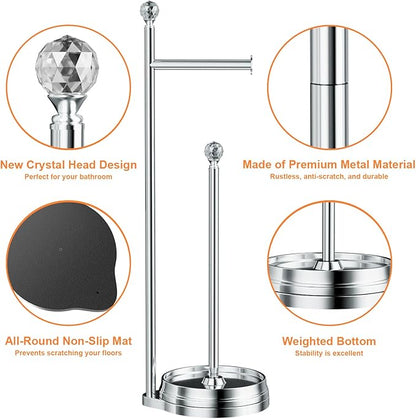 Toilet Paper Holder for Bathroom, Heavy Weighted Metal Free Standing Toilet Paper Holder Stand with Crystal Ball, Toilet Paper Roll Stand for Bathroom Accessories