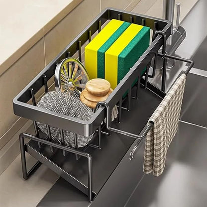 Sponge Holder for Kitchen Sink, Sink Caddy with Dishcloth Rack, Kitchen Sink Storage Rack Organizer Countertop Rustproof, Soap Dispenser Organizers and Storage Essentials