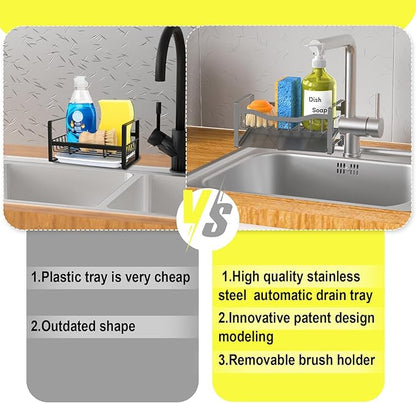 Maifan Stainless Steel Kitchen Sink Caddy Organizer with Auto Drain Tray, Sponge Holder for Countertop Storage Dark Gray