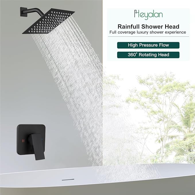 Heyalan 8 Inch Shower Head and Handle Set Square Shower Faucet Set Bathroom Rainfall Shower System Stainless Steel Showerhead Single Function Shower Trim Kit,Female Thread Valve,Matte Black