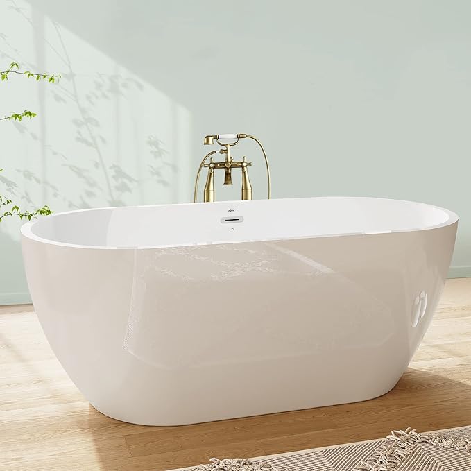 FerdY Bali 59" Acrylic Freestanding Bathtub,Gracefully Shaped Freestanding Soaking tub, Glossy White, cUPC Certified, Chrome Drain & Classic Slooted Overflow Assembly Included