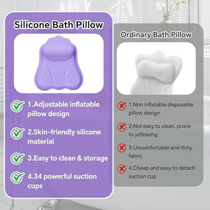 Silicone Bath Pillow for Tub Adults, 4D Air-Cushion Bathtub Pillow for Head Neck and Back Support, Non-Slip Suction Cups, Quick-Drying Waterproof Spa Pillow, Easy to Clean & Store，Purple