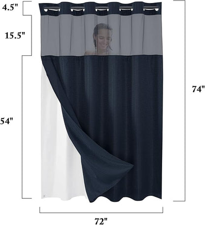 Gibelle No Hook Waffle Weave Shower Curtain with Snap-in Fabric Liner Set for Bathroom, Hotel Style with Mesh Top Window, Waterproof & Washable, Navy Blue, 72x74