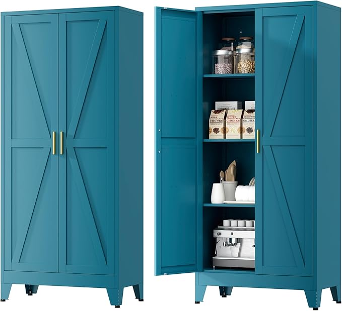 Metal Cabinets with Barn Doors and Adjustable Shelves,61" Tall Storage Cabinet,4-Tier Storage Cupboard for Kitchen,Dining Room,Garage,Bathroom,Blue