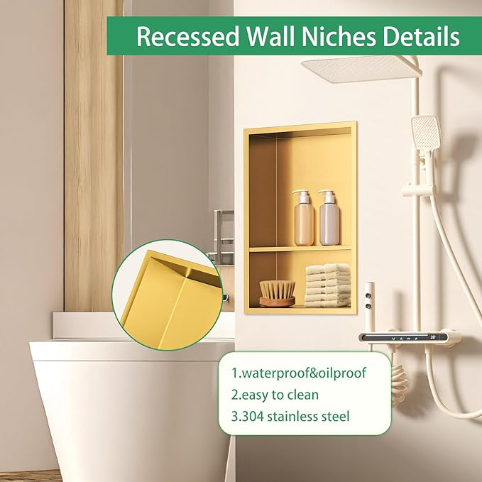 SaniteModar Shower Niche, Stainless Steel Niche for Shower Wall,18" x 12" No Tile Needed,Recessed for Bathroom Storage (Brushed Gold, 18" x 12" Double)