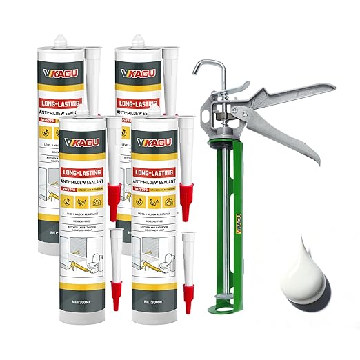 VGS 798 Professional Silicone Sealant Caulk 10.15 Oz Cartridge, 4 Pack - for Kitchen & Bathroom, White, 100% Waterproof Silicone Sealant,Shrink & Crack Proof