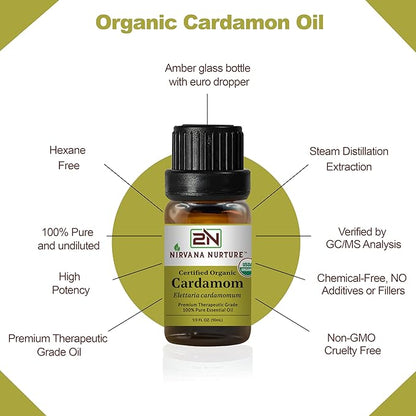 Cardamom Essential Oil USDA Certified Organic, 100% Pure Natural Premium Grade, Undiluted