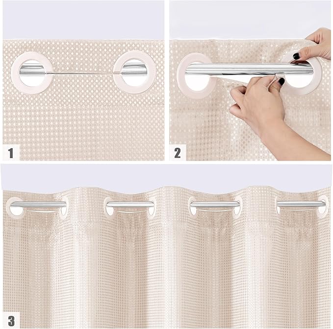 MitoVilla No Hooks Needed Extra Long Shower Curtain Liner Set, Pink 86 inch XL Heavyweight Waffle Fabric Cloth Shower Curtains Set with Snap-in Liner for Modern Luxury Hotel & Spa Bathroom Decor