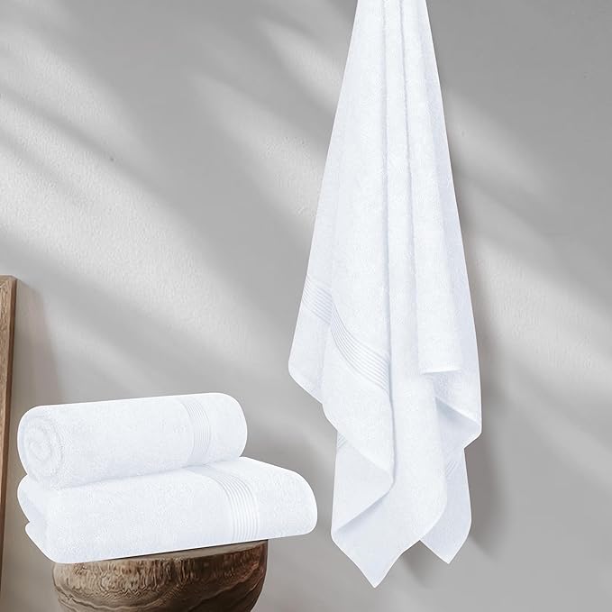 Elvana Home Cotton 2 Pack Oversized Bath Towel Set 28x55 inches, Large Bath Towels, Ultra Absorbant Compact Quickdry & Lightweight Towel, Ideal for Gym Travel Camp Pool - White