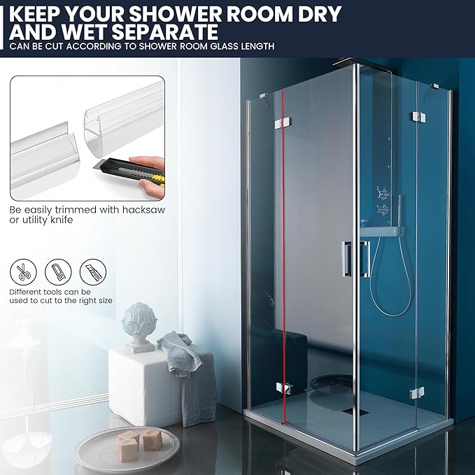 Shower Glass Door Side Seal, 2PCS 78 Inch Ultra Clear U-Shape PVC Seal Strip, for 5/16"(8mm) Thick Frameless Glass Door, to Stop Water Leakage